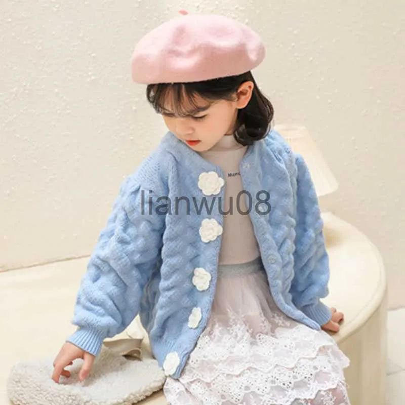 Pull printemps et automne filles pull tricots vêtements pour enfants Cardigan 2022 nouveau manteau à manches bulle filles à la main Rose pull x0818