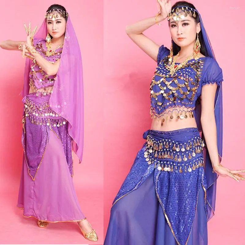 Bühnenbekleidung 4pcs/Set Belly Dance Kleid (Rock -Top -Gürtel -Schleier für Kopf) Frauen Tanz Performance Mädchen 6 Farben