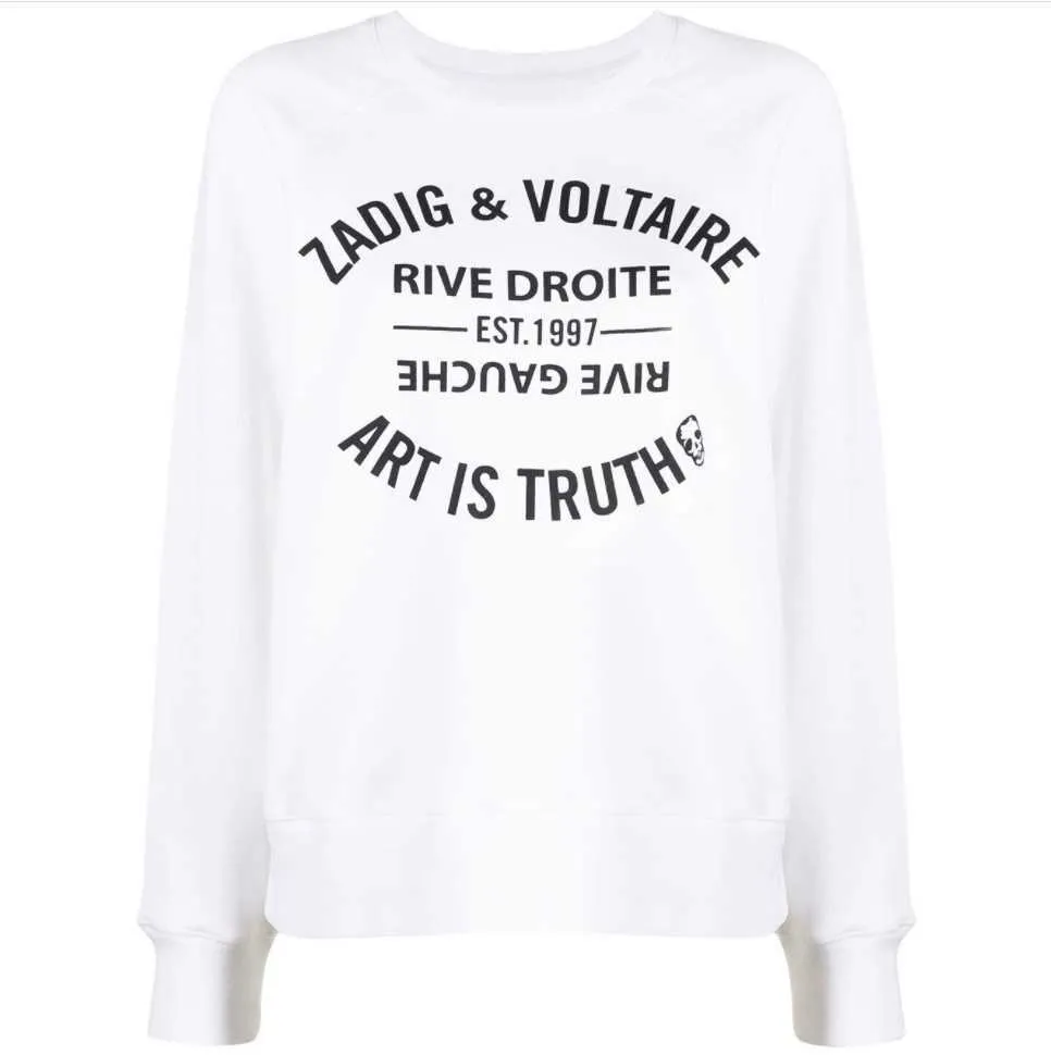 Zadig Voltaire 디자이너 Hoodie ZV 풀오버 클래식 편지 인쇄 라운드 넥 여자 면화 여성의 귀중한 블루 스웨터