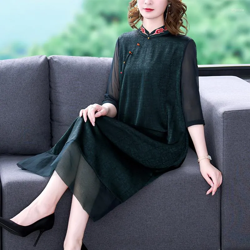 Casual Dresses 2023 Fashion Silk Embroidery Dress Women's Summer Improved Qipao Loose Fit Leisure Vacation Party Vestidos