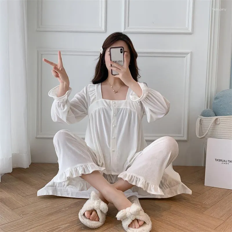 Kvinnors sömnkläder Autumn White Pyjamas Set Women Velor 2st Square Collar Shirtpants Femme Velvet Sleep Elastic Midje Loungewear