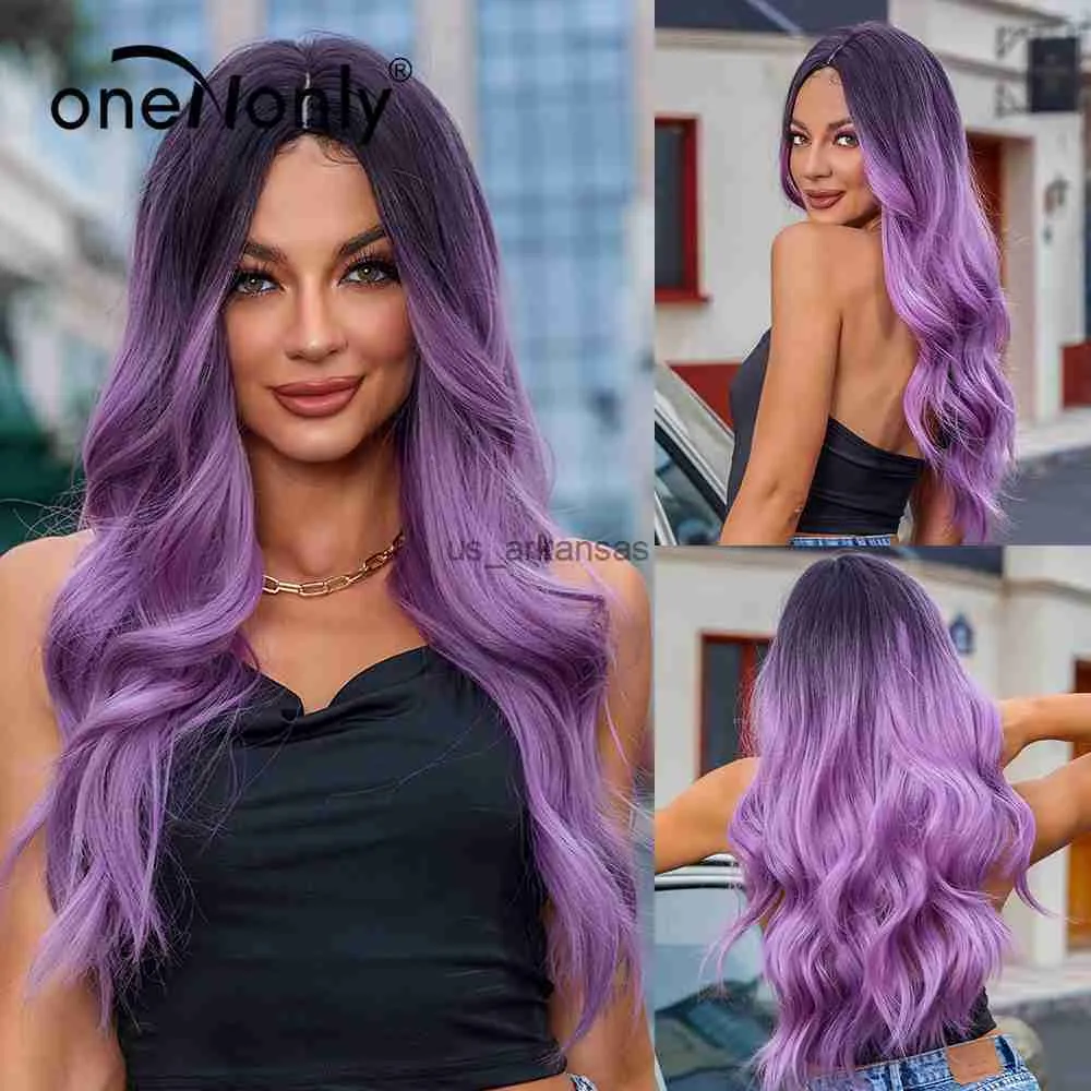 Perruques synthétiques ononyment de perruque synthétique Longue vague ombre violet perruques pour femmes cosplay lolita fête naturel cheveux résistants à la chaleur HKD230818