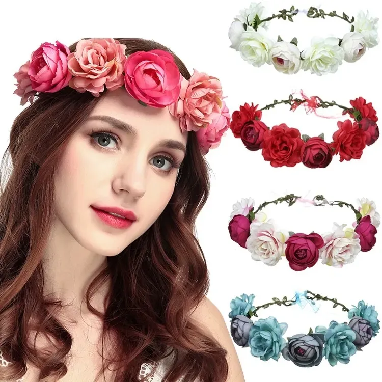 Vintage Wedding Bridal Floral Flower Headpieces Red Rose Crown Tiara Leaf Headpiece Princess Queen Hair Accessories Vintage Prom Jewelry