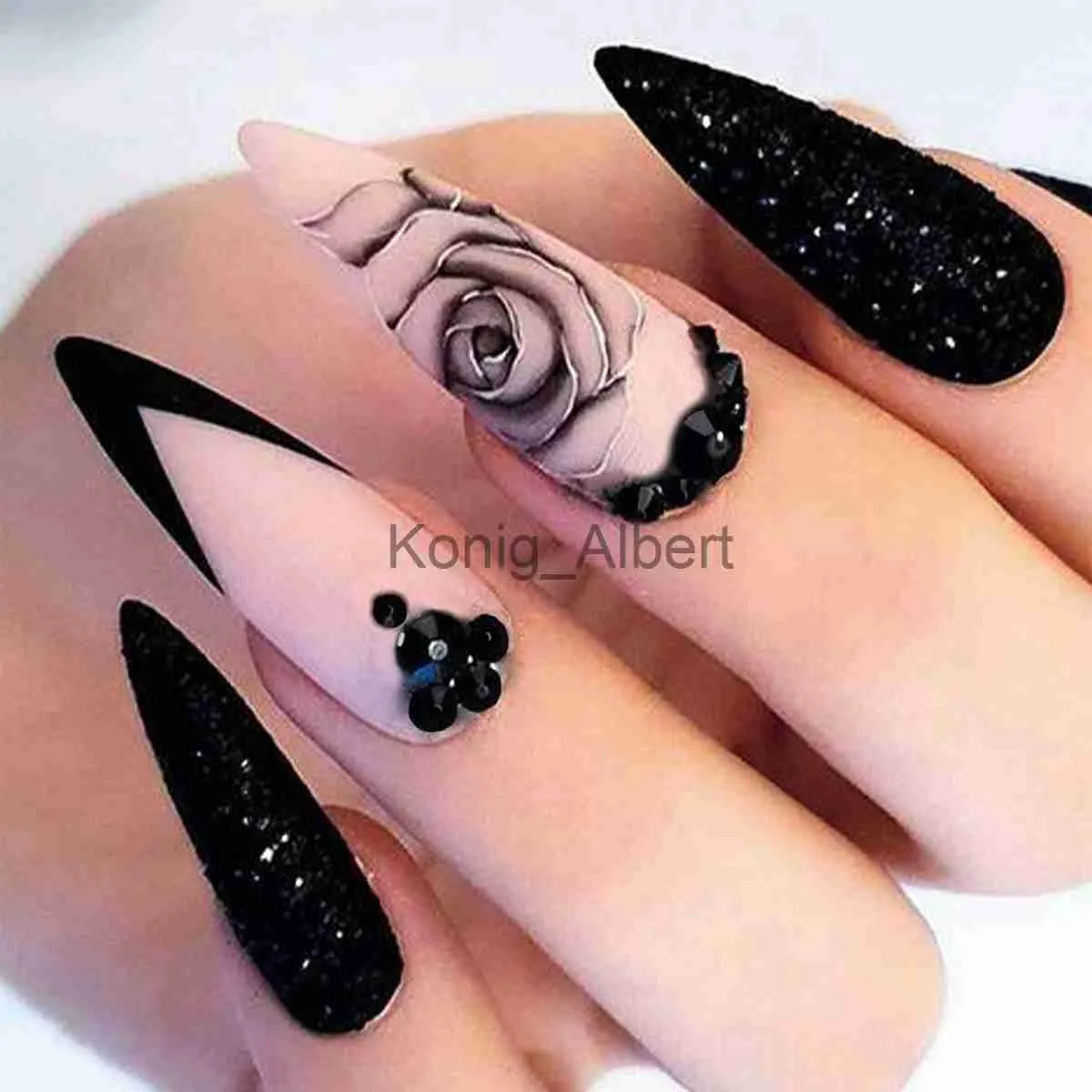 Rose Pattern Press On Witch Fake Nails With Detachable Tip And Rhinestone  Stickers Black Manicure Full Cover From Konig_albert, $5.1