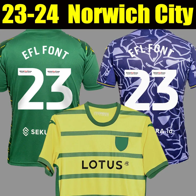 23 24 Norwich PUKKI Soccer Jerseys City 2023 2024 HUGILL RASHICA MCLEAN DOWELL BUENDIA TZOLIS SARGENT maison jaune vert troisième maillot de football kit violet