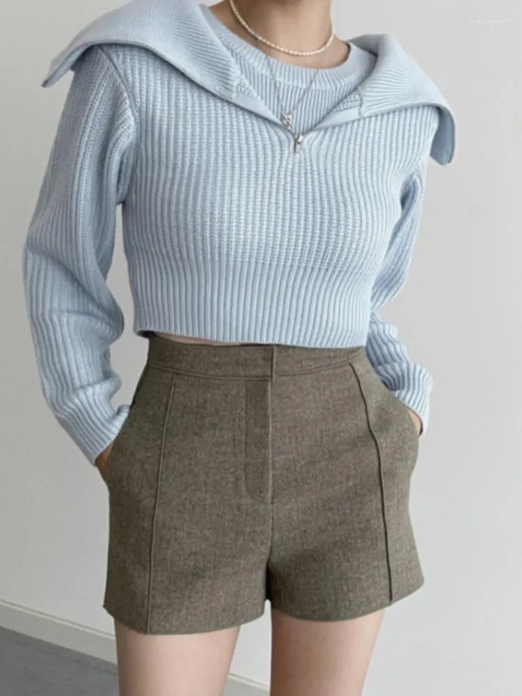 Женские свитера Korobov с твердым цветом лацка -молнии дизайнерский свитер винтаж сладкие урожая темпераменты