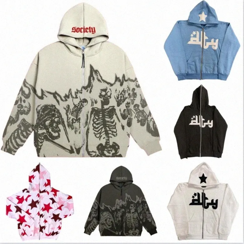 Moletom Y2K Com Zíper E Estampa De Estrelas - Estilo Grunge Streetwear