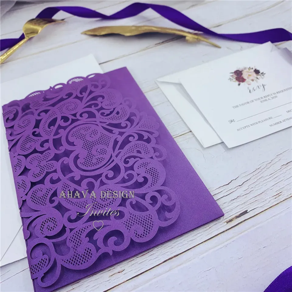 Shimmery Purple Laser Cut Pocket Wedding Invitation Suites, Customizable Invites With Respond Card And Envelope, 