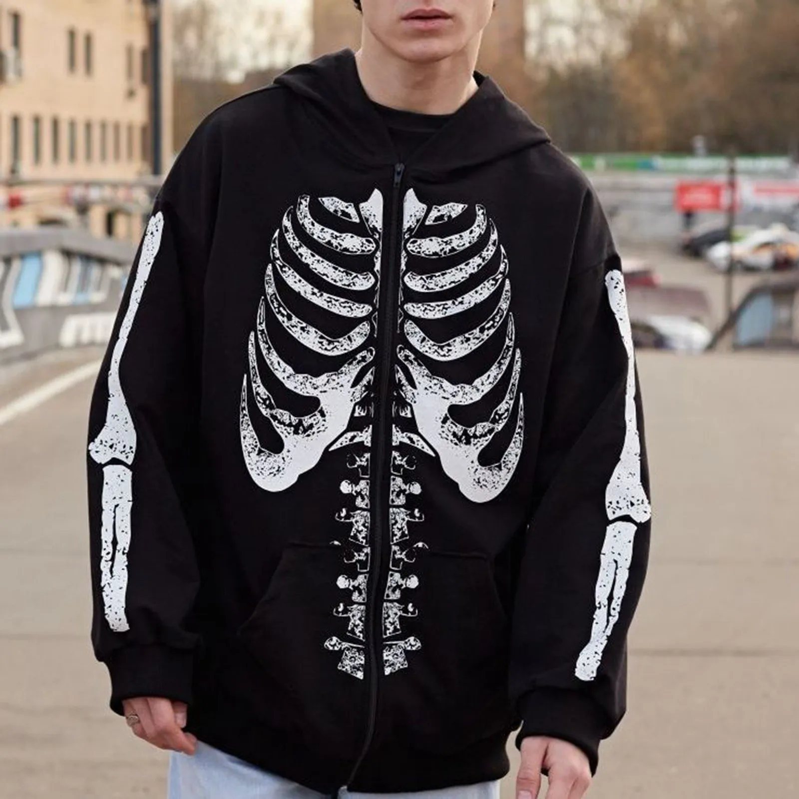 Sweats à capuche masculine Sweatshirts d'automne d'hiver Skeleton à style noir pour hommes Swelettes Sweettons décontractés Long Long Cold Zipper Clothing Street Fashion Vintage Coat 230817