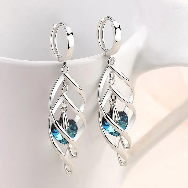 Pendientes de tachuelas Hermosas hembras 925 Silver Sterling Needle Blue Crystal Love Ocean Heart For Women Twist Jewelry Regalo