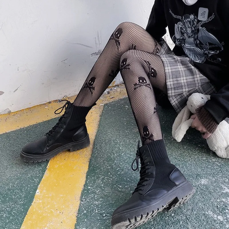 Sexiga strumpor skalle gotiska fisknätstrumpor lolita mesh strumpbyxor för kvinnor netting strumpor y2k strumpbyxor leggings sexiga underkläder cosplay 230818