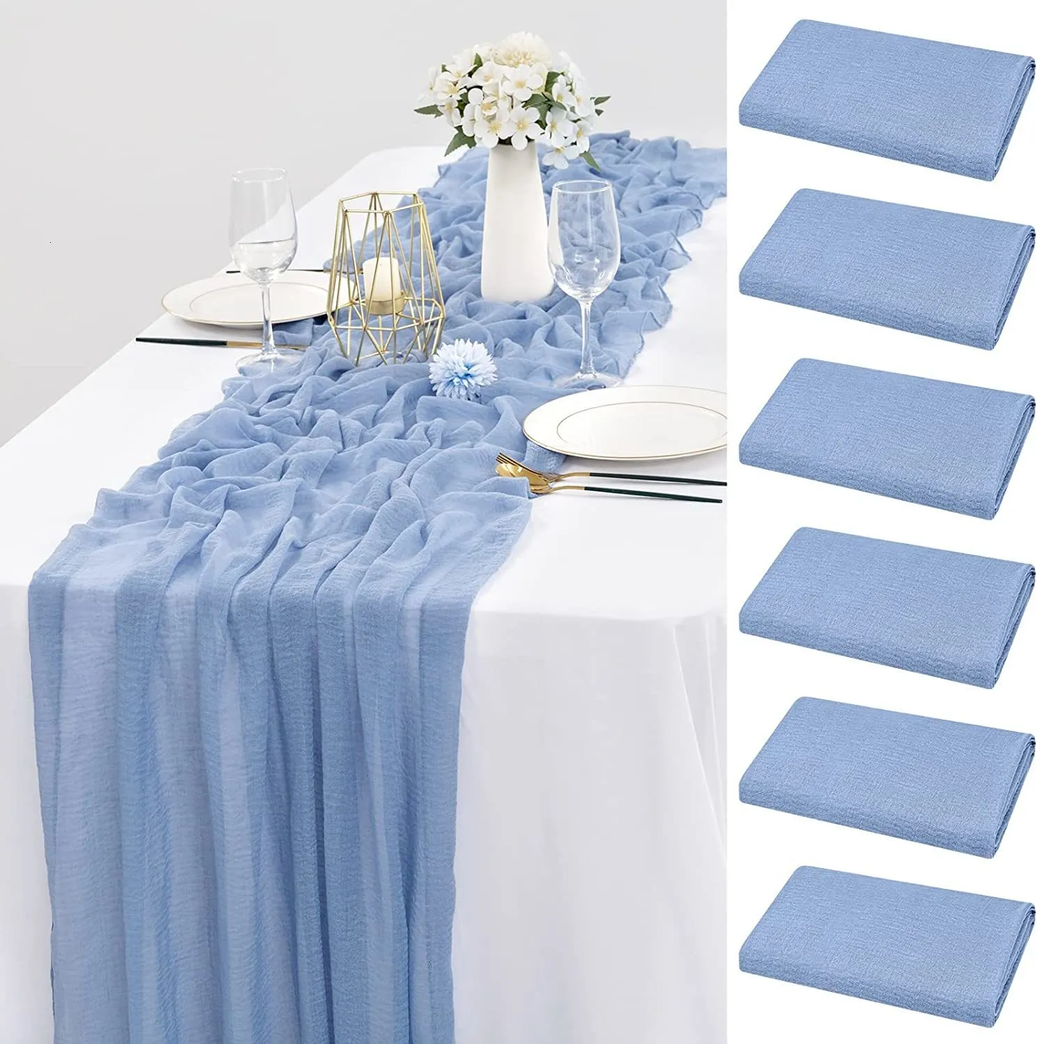 Runner de table 6pcs Regaterne de table de gise de gabarit 90 * 300cm Boho Gauze Dining Table Decoration pour réception de mariage Couverture de table rustique de douche nuptiale 230817