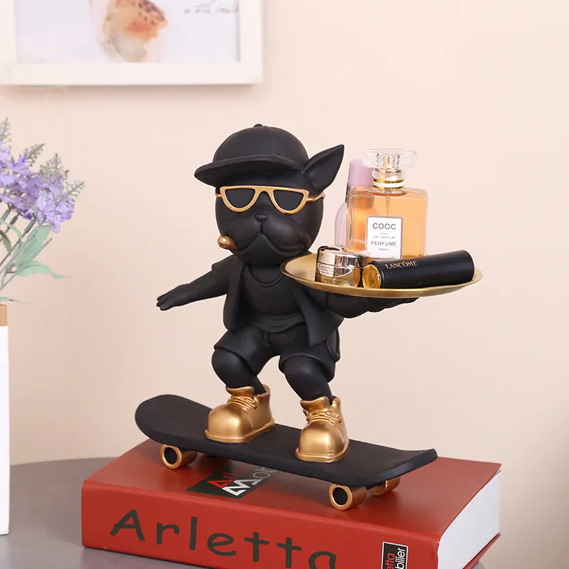 Objets décoratifs Figurines Skateboard Dog Statue décoration Plateau de rangement français Bulldog Figurine Ornements du salon Home Room Interior Sculpture 230817