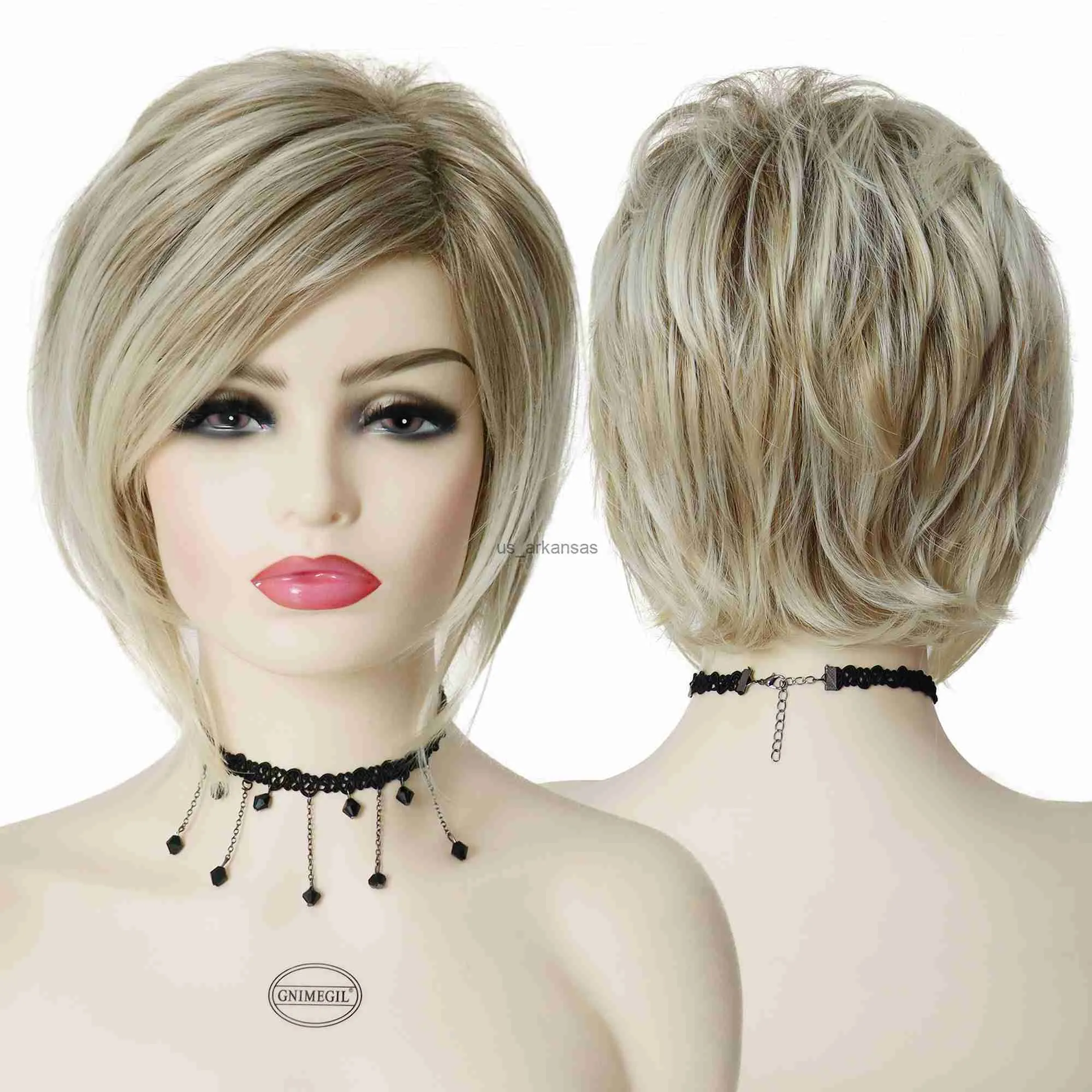 Synthetische pruiken Gnimegil Synthetische korte blonde pruiken voor vrouwen Rechte Hair Wig Schuine Fringe Fringe Lady Wig Cosplay Halloween kostuum Dagelijks gebruik Wig HKD230818