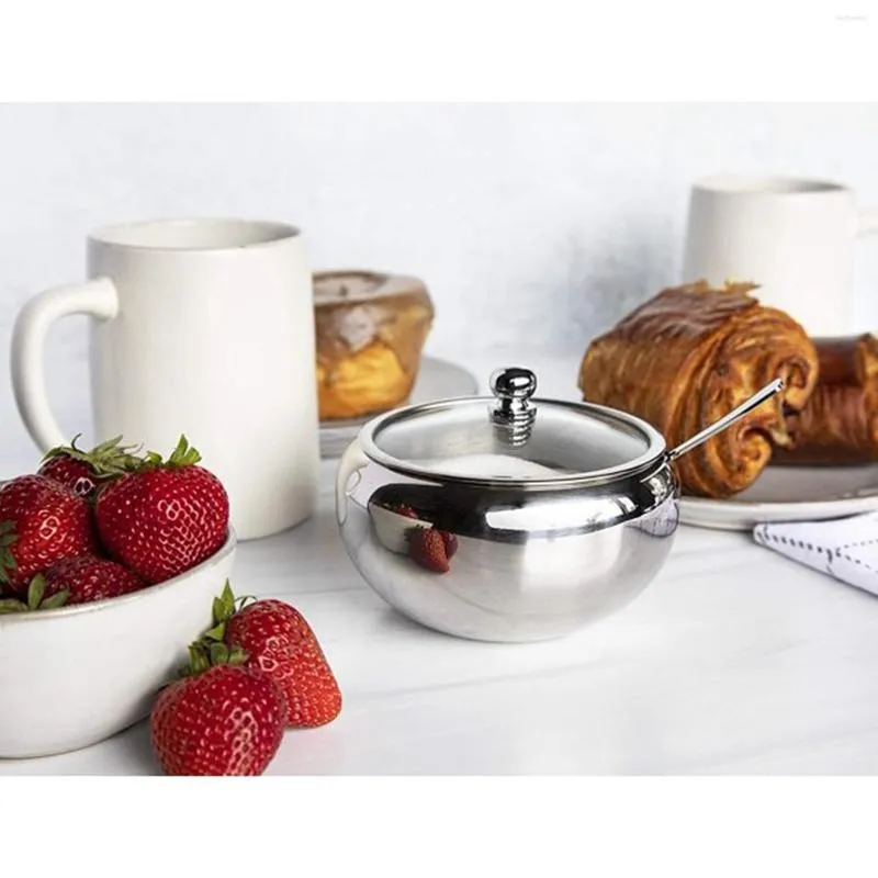 Dinware Grote Sugar Bowl roestvrij staal met glazen deksel inclusief lepel bevat 2 kopjes van 16,9 oz voor flessen