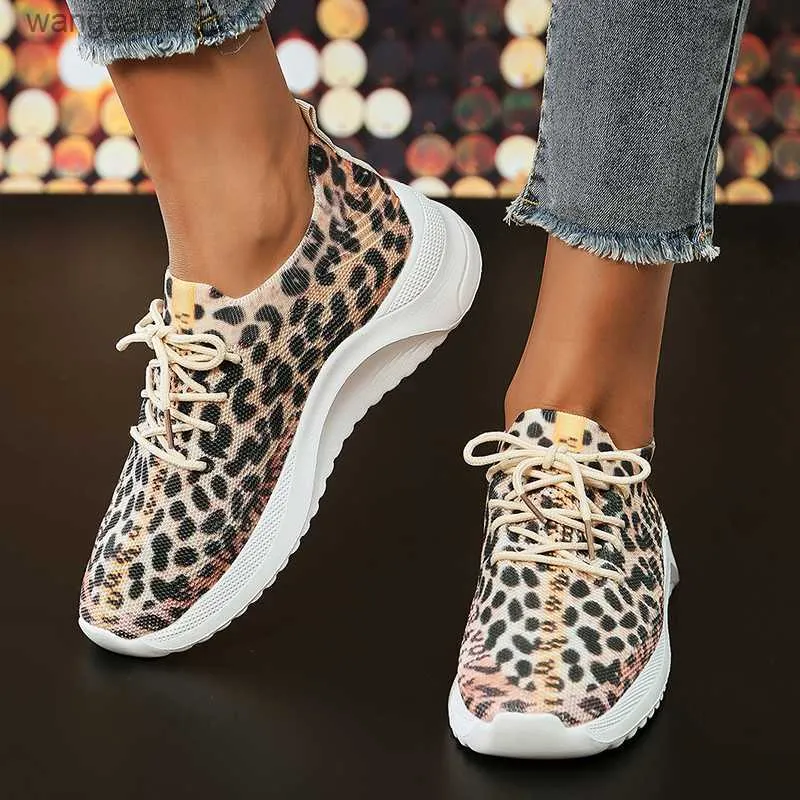 Dress Shoes Leopard Print Breathable Sneakers Women 2023 Autumn Knitted Mesh Flat Heels Casual Shoes Woman Plus Size Soft Sole Walking Shoes T230818