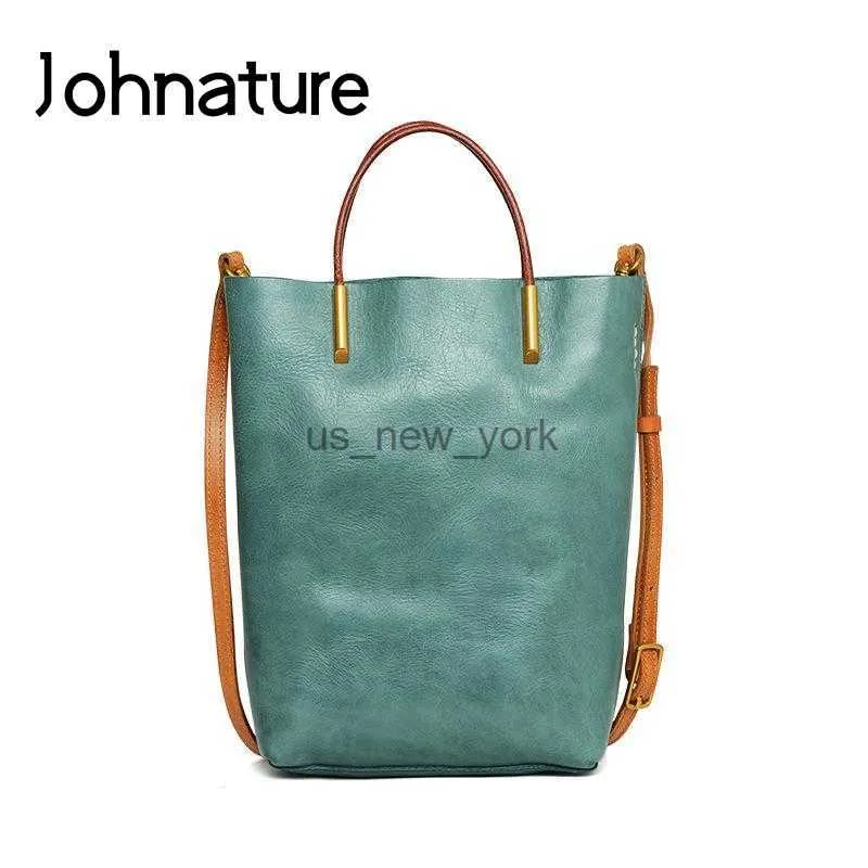 Bakken Johnature retro handtas echte lederen dames TOTE TAG 2022 NIEUW Simple Large Capaciteit zachte koeienschouder Messenger Bags HKD230818