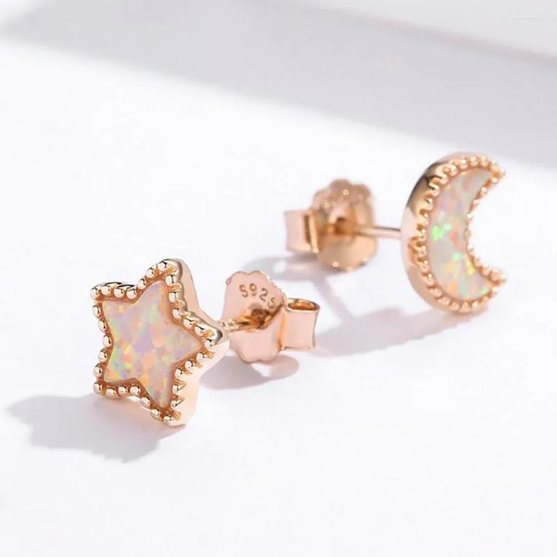 Studörhängen TKJ Real Silver S925 Rose Gold Plated Opal Star och Moon Female Simple Fashion Ladies Gifts