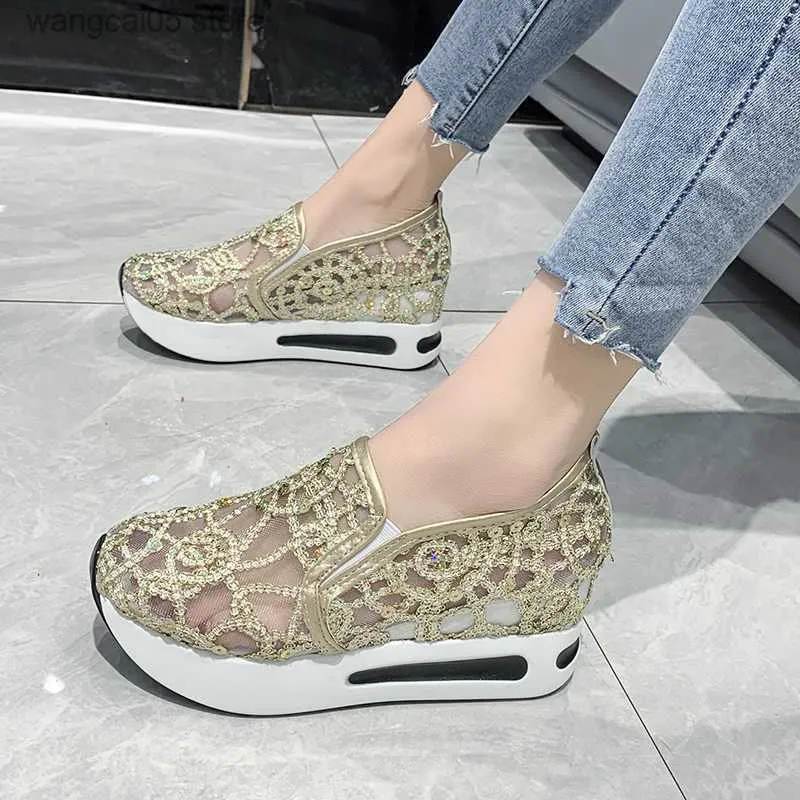 Chaussures habillées Femme Chaussures Compensées Sequin Mesh Respirant Chaussures Femmes Or Argent Plate-Forme Baskets Femmes Hauteur Croissante Chaussures Compensées Casual T230818