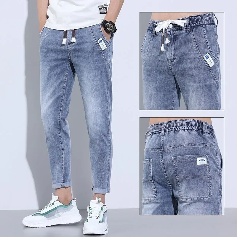 Heren jeans zomer trekstring baggy blauw vriendje Harajuku casual hiphop mannelijke vracht denim stijlvolle ontwerper jogger cowboy haren broek 230816