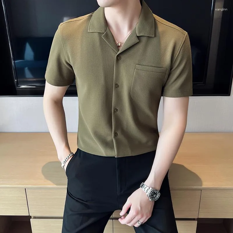 2023 Summer Mens Cuban Lapel Short Sleeve Casual Shirt Slim Fit Business  Waffle Ice Silk Breathable Top From Xianglinn, $23.77
