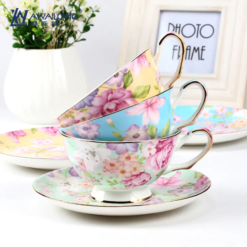 Mugs Export level high quality European style flower pigmented coffee sets bone China ceramic tea cups with dish 230818