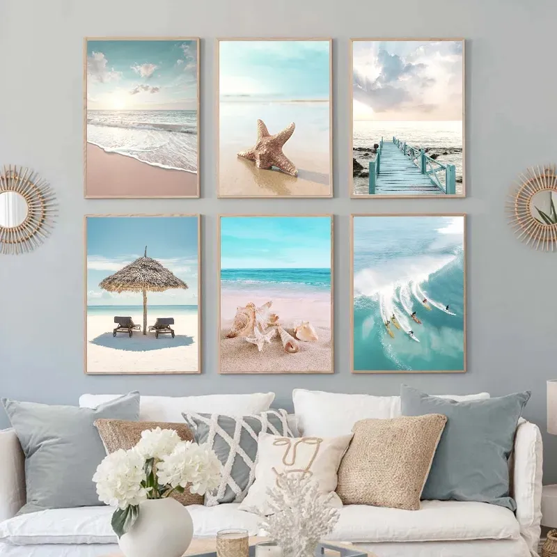 Beach Sea Landscape Canvas Painting Bridge Leaf Turtle Seagull Posters And Prints Wall Art Fresh Natural Bedroom Home Decor No Frame Wo6