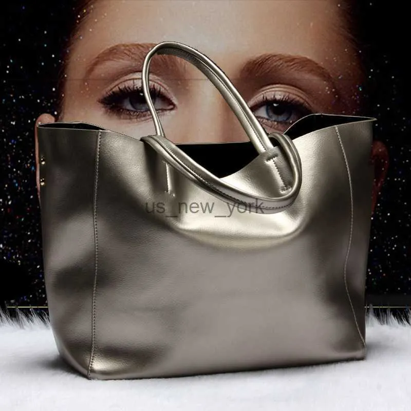 Totes Metallic Silver Casual Tote Bag for Women Large Capacity Real Cow Leather Handbag Genuine Female Shoulder Bag Luxury Design HKD230818