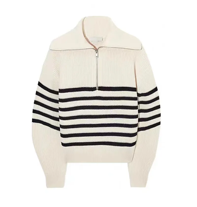 Pulls pour femmes Pull à col roulé rayé à fermeture éclair en cachemire pour femmes Couleur contrastée Manches longues Pulls épais Automne_voghion.com