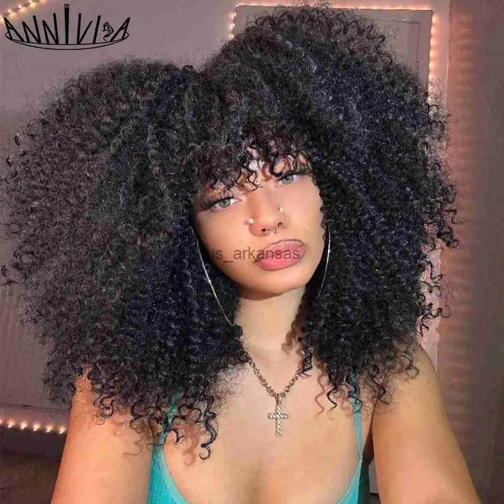 Syntetiska peruker Kort hår afro kinky lockiga peruker med lugg för svarta kvinnor syntetiska ombre glueless cosplay naturlig brun svartrosa annivia hkd230818