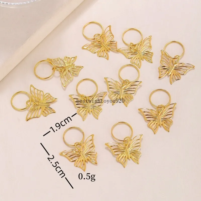 10st Gold Color Metal Butterfly Braid Dread Dreadlock Hair Rings for Women Hair Cuffs Headwear Hairclip Diy Jewelry Accessories