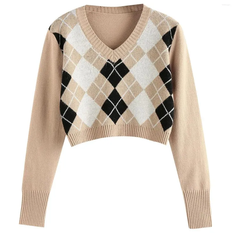 Sweaters de mujeres Women V Neck Argyle Séter de manga larga Tops Elegante Top Vintage Geométrico Fashion Autumn