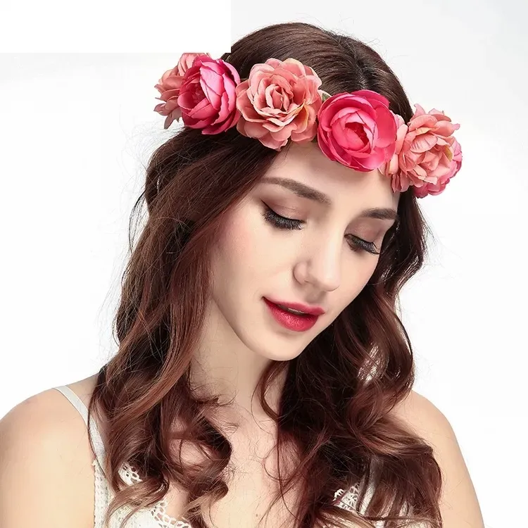 Vintage Wedding Bridal Floral Flower Headpieces Red Rose Crown Tiara Leaf Headpiece Princess Queen Hair Accessories Vintage Prom Jewelry