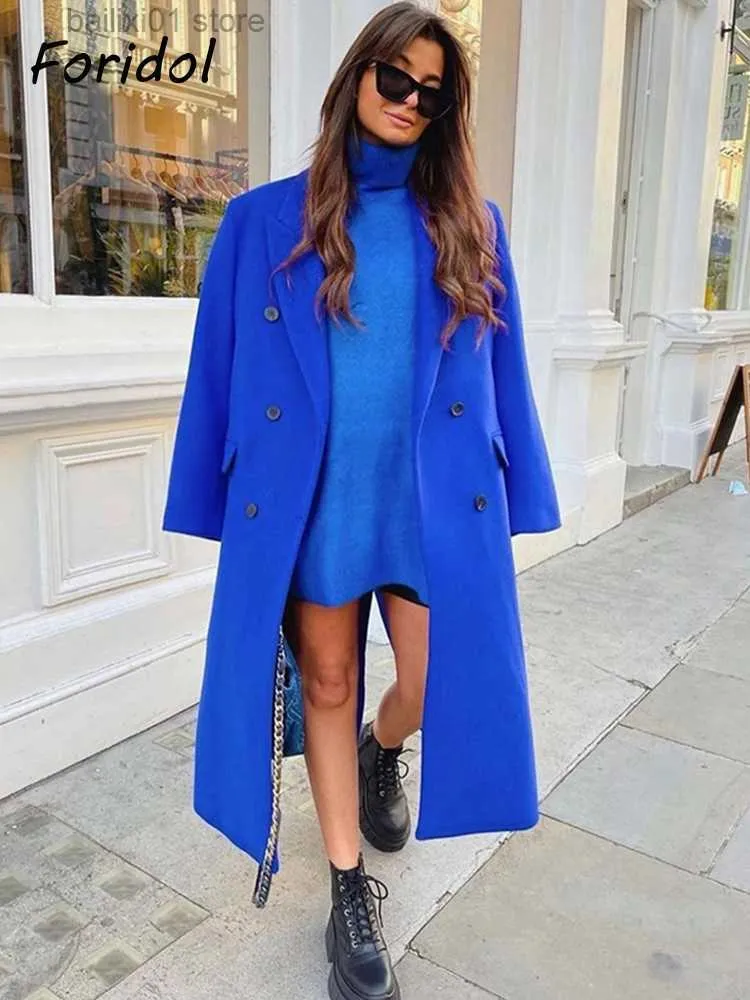 Femmes mélanges de laine Foridol double boutonnage bleu Trench-Coat femmes automne hiver longue Trench droite col rabattu Trench-Coat veste 2023 T230817