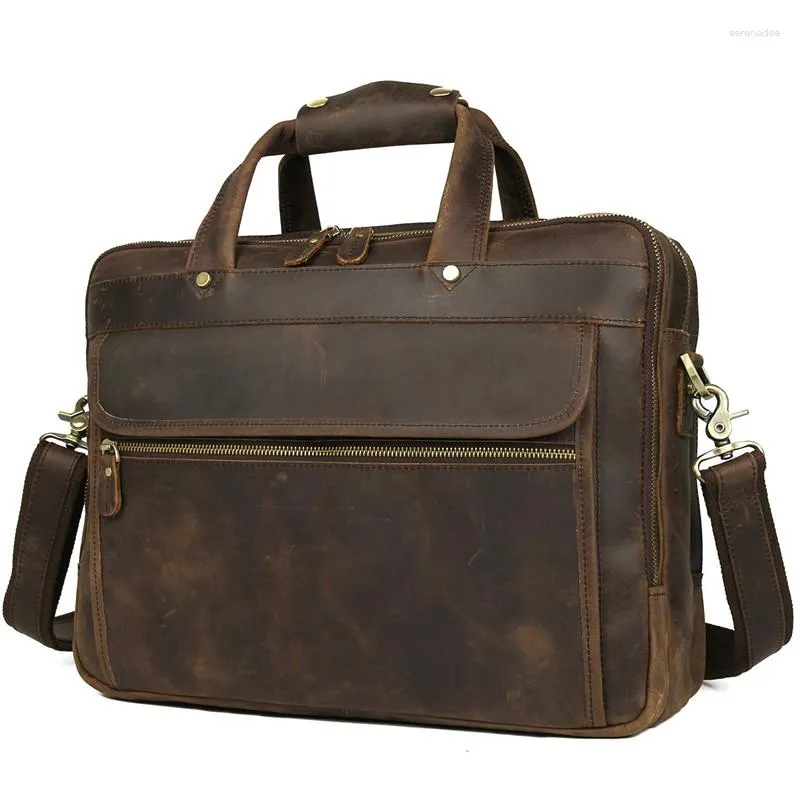 Borteiras nesitu marrom marrom genuíno de couro de homens maltecia bolsas mensageiras bolsa de viagem para viagens maluca cavalo 15.6 '' portfólio de laptop m7388