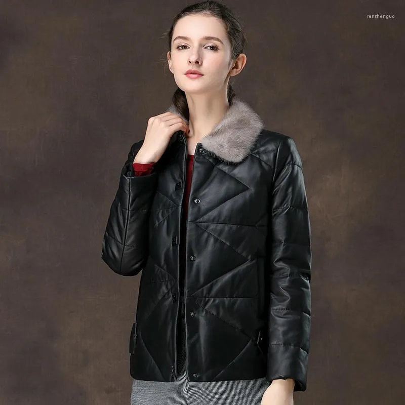 Women's Leather Jacket Natural Collar Genuine Down Women Winter White Duck Real Sheepskin Coat F2023