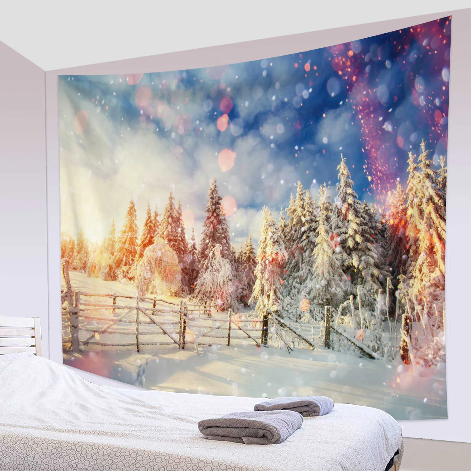 Tapisserier Vinter Snow Forest Tapestry Christmas Snow Scene Tapestry Wall Hanging White Glitter Snöflinga Tapestry väggdekor för sovrum