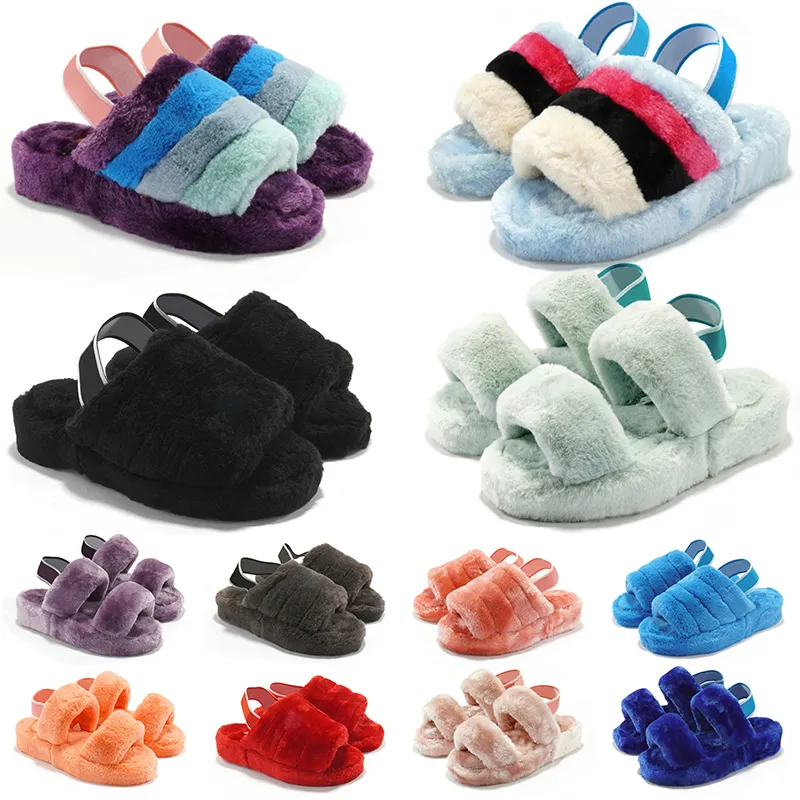 Slipare för kvinnors herrdesigner päls glider sandaler stor storlek 44 wggs päls toffel fluff ja svart vit rosa päls fluffig platt vinter varma sandalstövlar