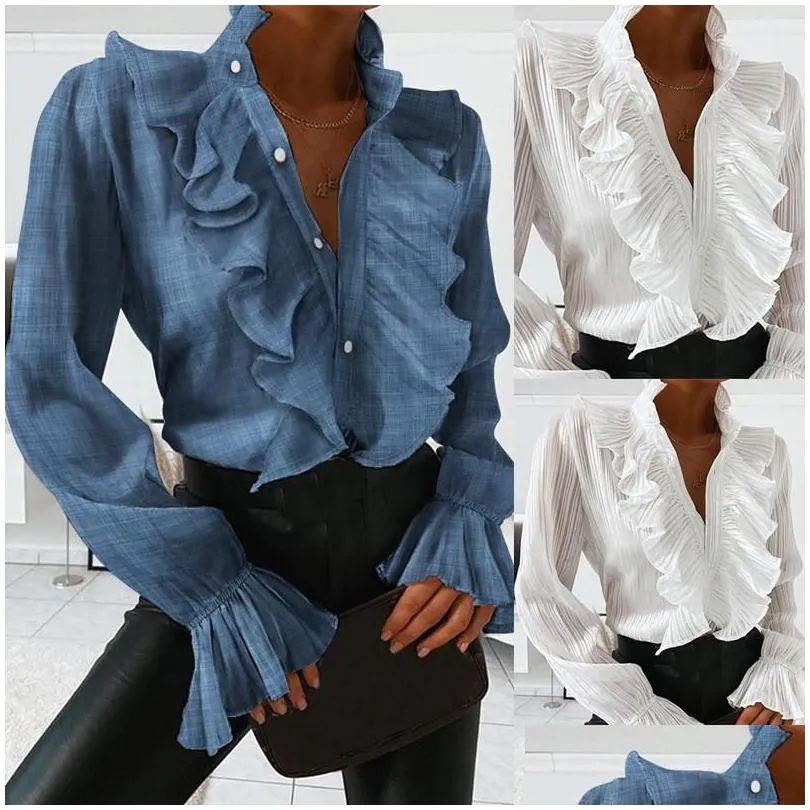 Women'S Blouses Shirts Womens V-Neck Women Elegant Blue White Ruffles Front Buttons Retro Office Lady Spring Autumn Long Sleeve Ca Dhkxf