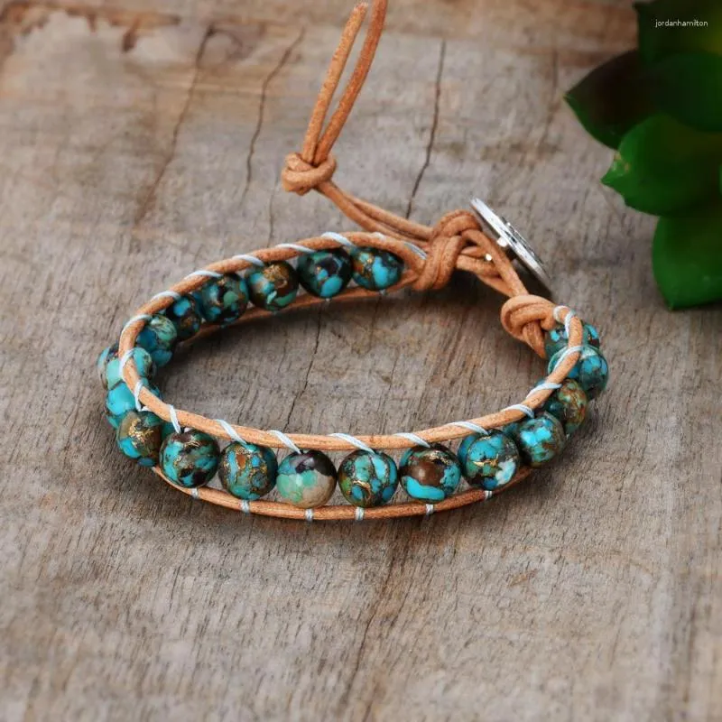 Bracelets porte-bonheur 8mm perles rondes Turquoise naturelle Bracelet en cuir fait main bohême bijoux accessoires pour femmes goutte