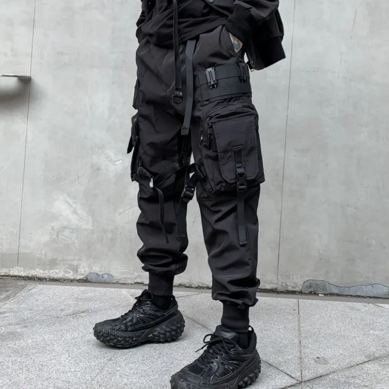 Men's Jeans Multipockets Ribbons Bandage Tactical Techwear Cargo Pants Mens Harajuku Punk Hip Hop Joggers Pantalons Casual Streetwear 230817