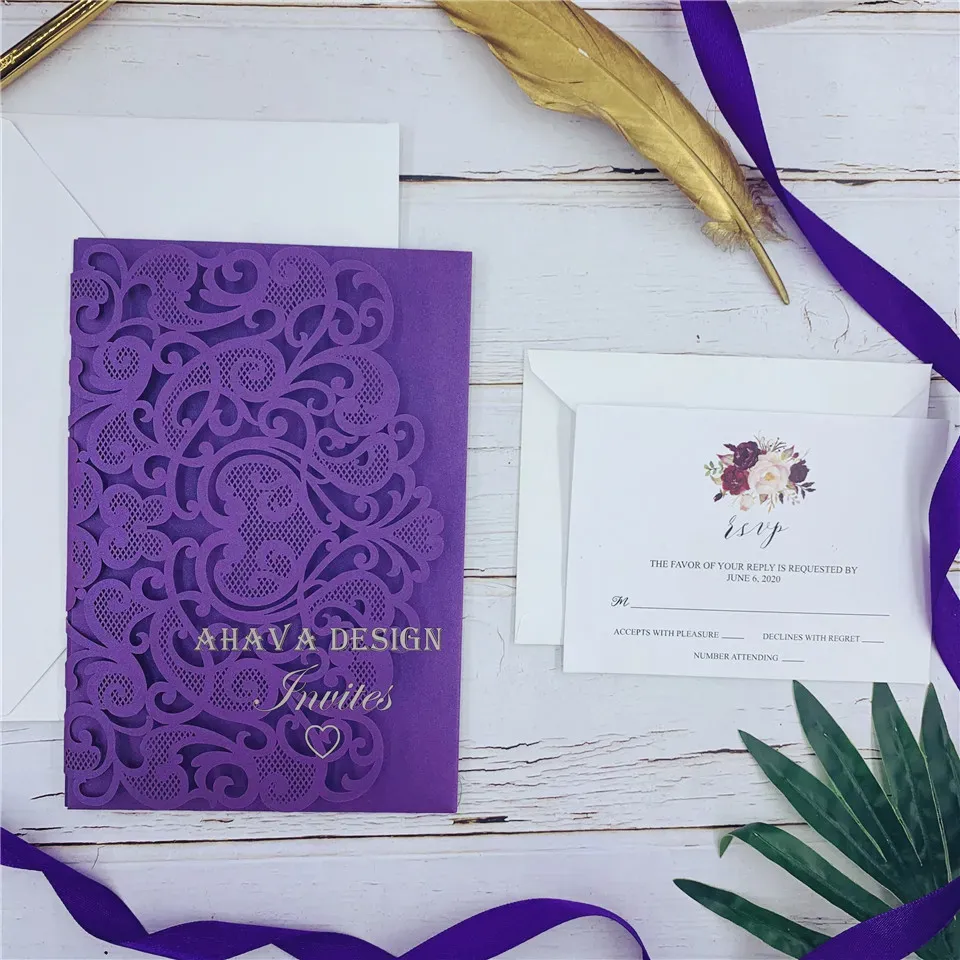 Shimmery Purple Laser Cut Pocket Wedding Invitation Suites, Customizable Invites With Respond Card And Envelope, 