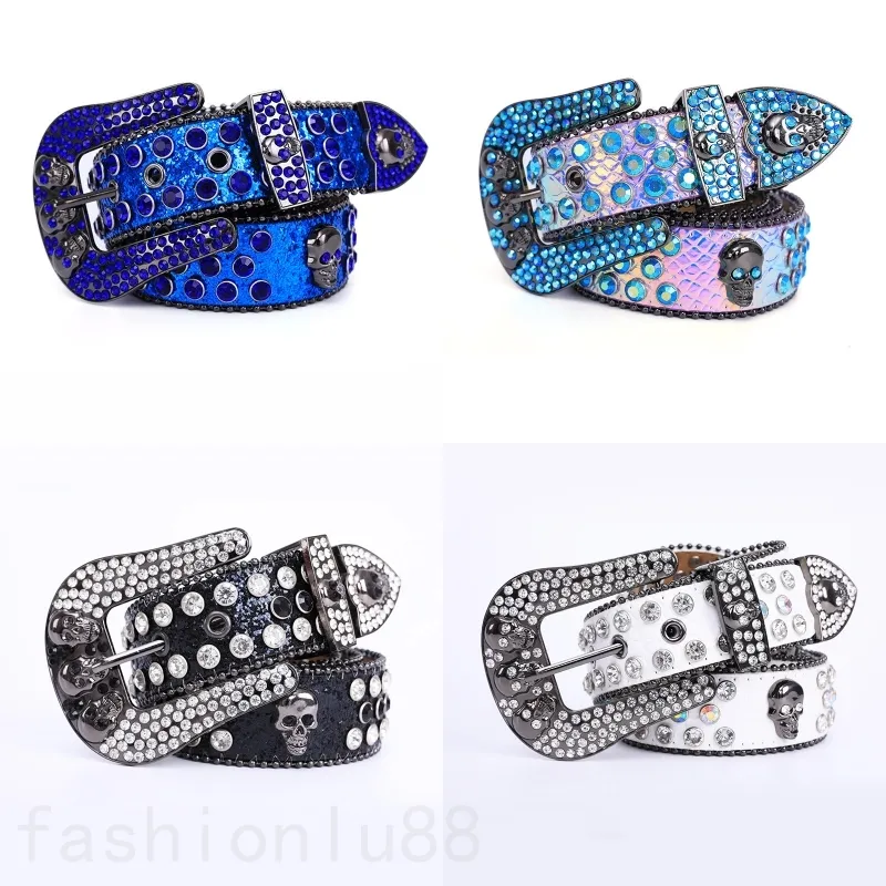 Skull BB Belt para masculino Rhinestone Designer Belts Classic Big Needlehle Buckle Full Crystal Cinto Moda Moderna ao ar livre Cintos de couro Party Evening PJ024 C23