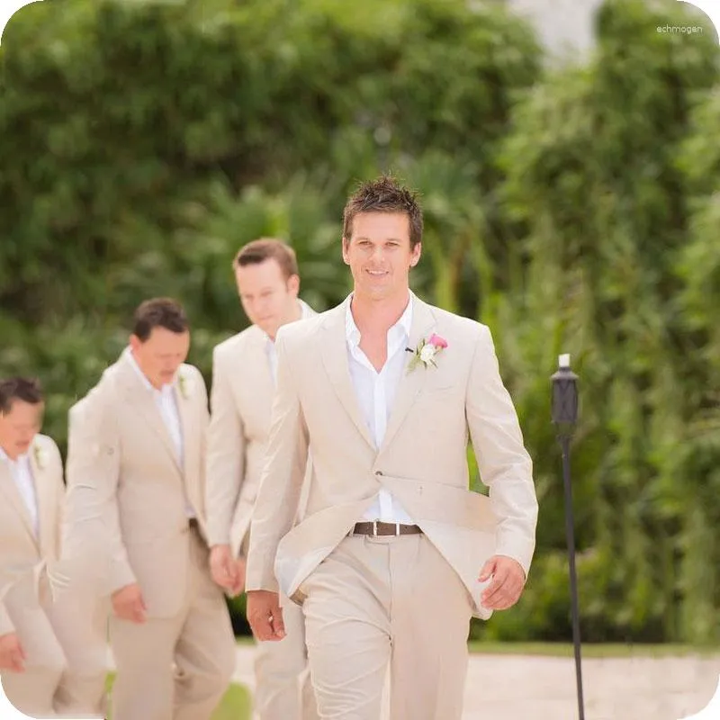 Мужские костюмы бежевые льняные мужчины 2023 Пляжный свадебный костюм для стройного жениха смокинга