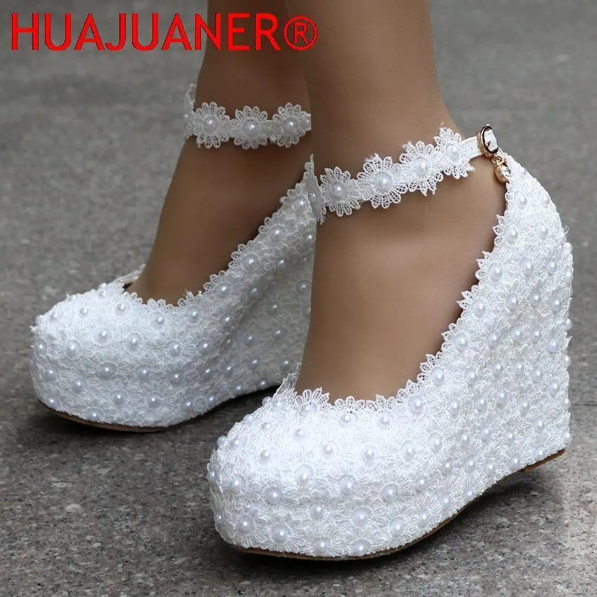 Dress Shoes White Wedges Wedding Pumps Sweet White Flower Lace Pearl Platform Pump Shoes Bride Dress Shoe High Heels 230817