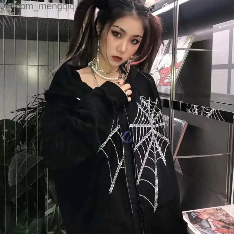 Herren Hoodies Sweatshirts High Street Ästhetik Y2K Gothic Strass Spider Web Reißverschluss Modepodie Hoodie Frauen Harajuku Vintage Punk Sweatshirt Kleidung Z230818