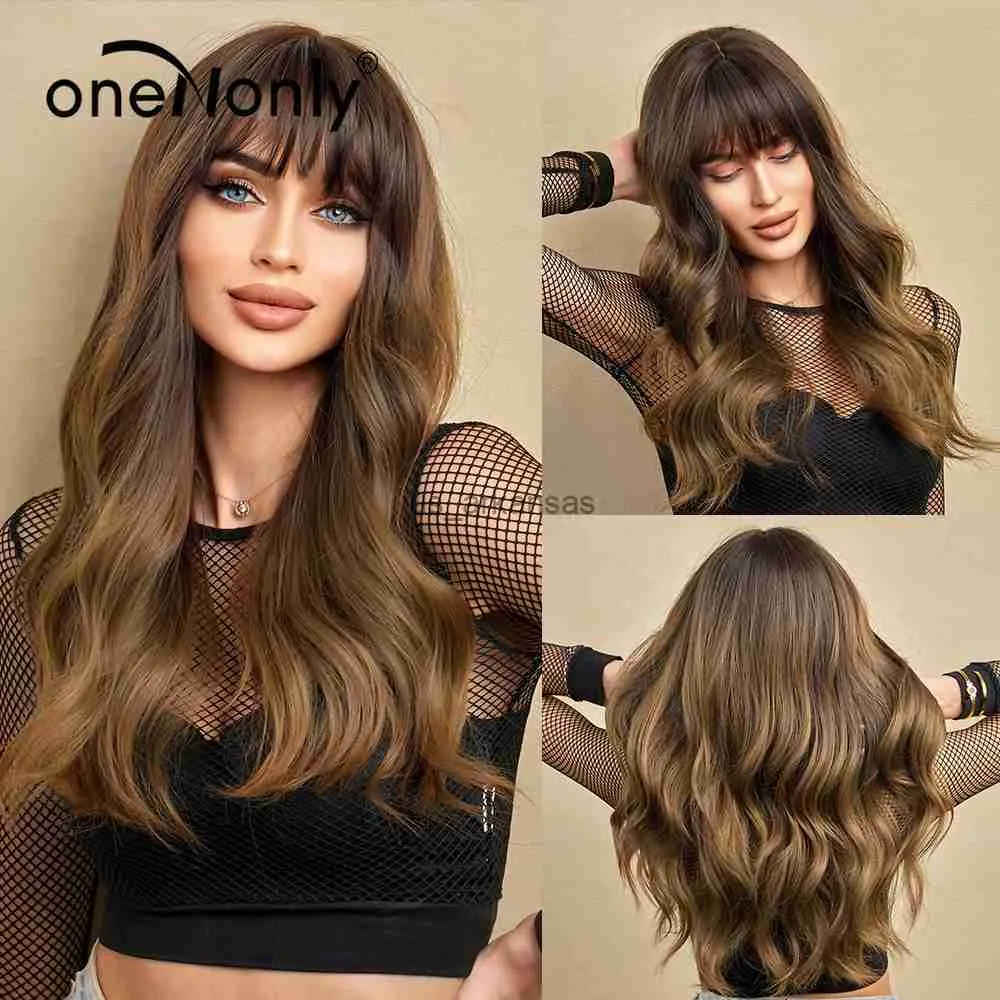 Synthetic Wigs oneNonly Good Quality Synthetic Wigs Long Body Wave Mixed Brown Wig Daily Natural Wigs for Women Heat Resistant Hair HKD230818