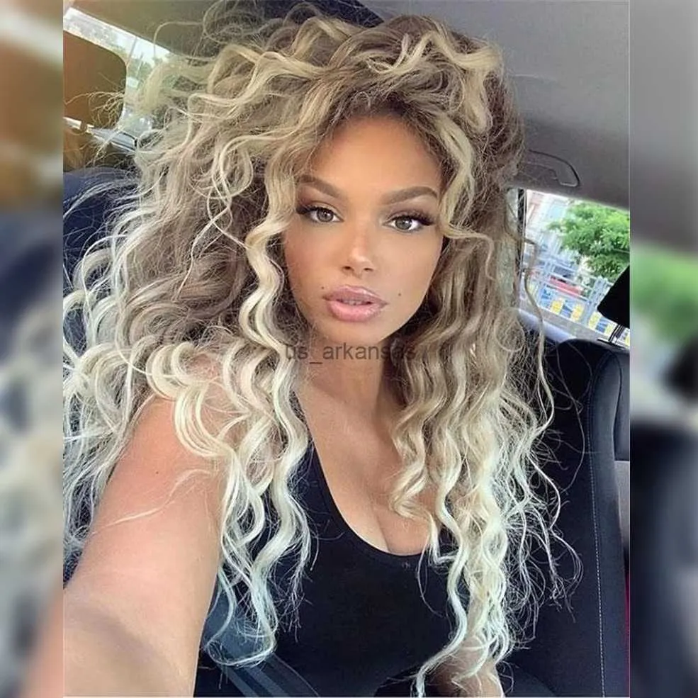 Synthetic Wigs Synthetic Womens Wig Long Curly Hair Ash Blonde Wig Female Natural Wavy Dark Roots Regular 80s Brown Ombre Wig for Woman Girls HKD230818