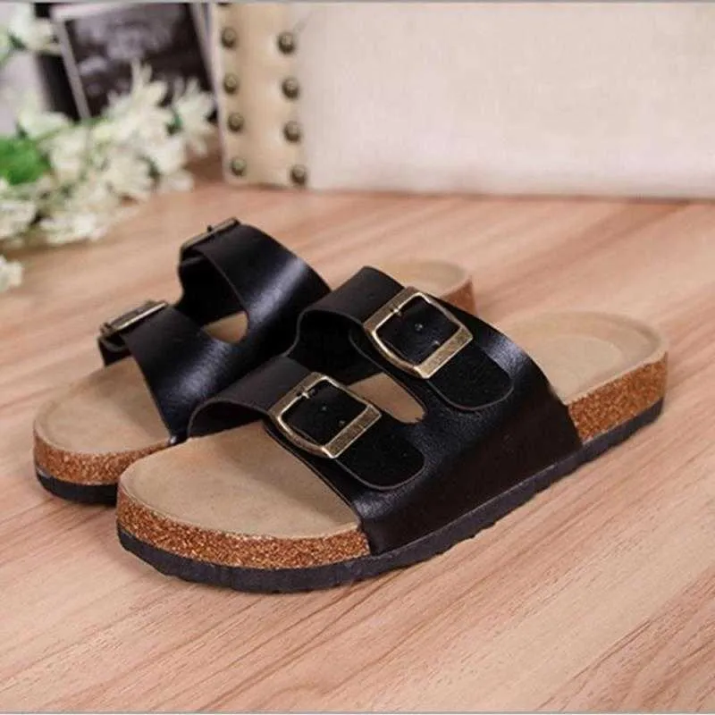 Sandaler Summer Women Cork Slipper Casual Beach Double Buckle Non-Slip Outside Nubuck Leather Slip On Slides Shoe 230417