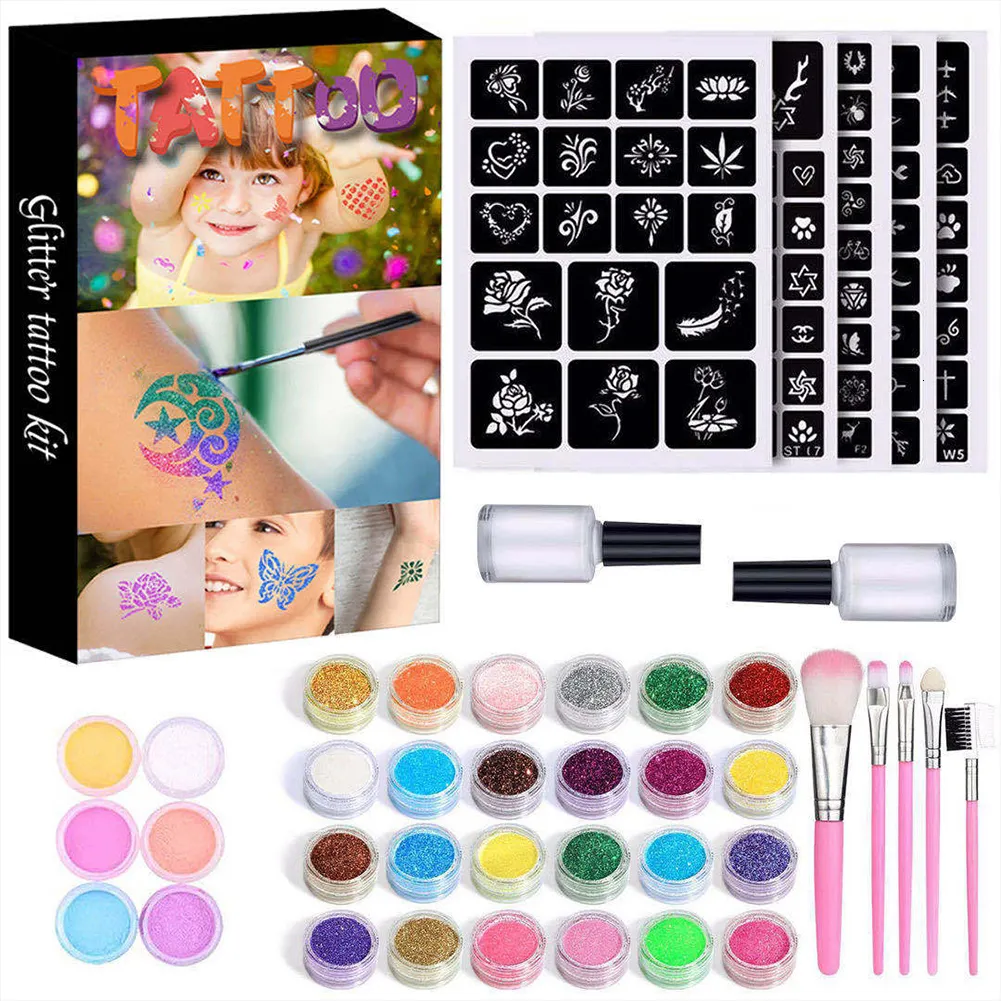 Temporary Tattoo Ink Set With Diamond Glitter, Art Charms, Luminous Powder  Sticker, And Makeup Brush For Women And Kids 2308017 From Shu07, $14.78